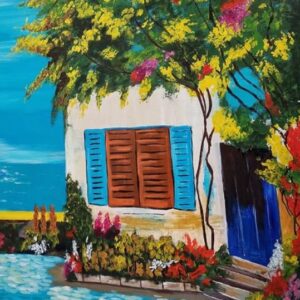 House with Blue Shutters and Bougainvillea